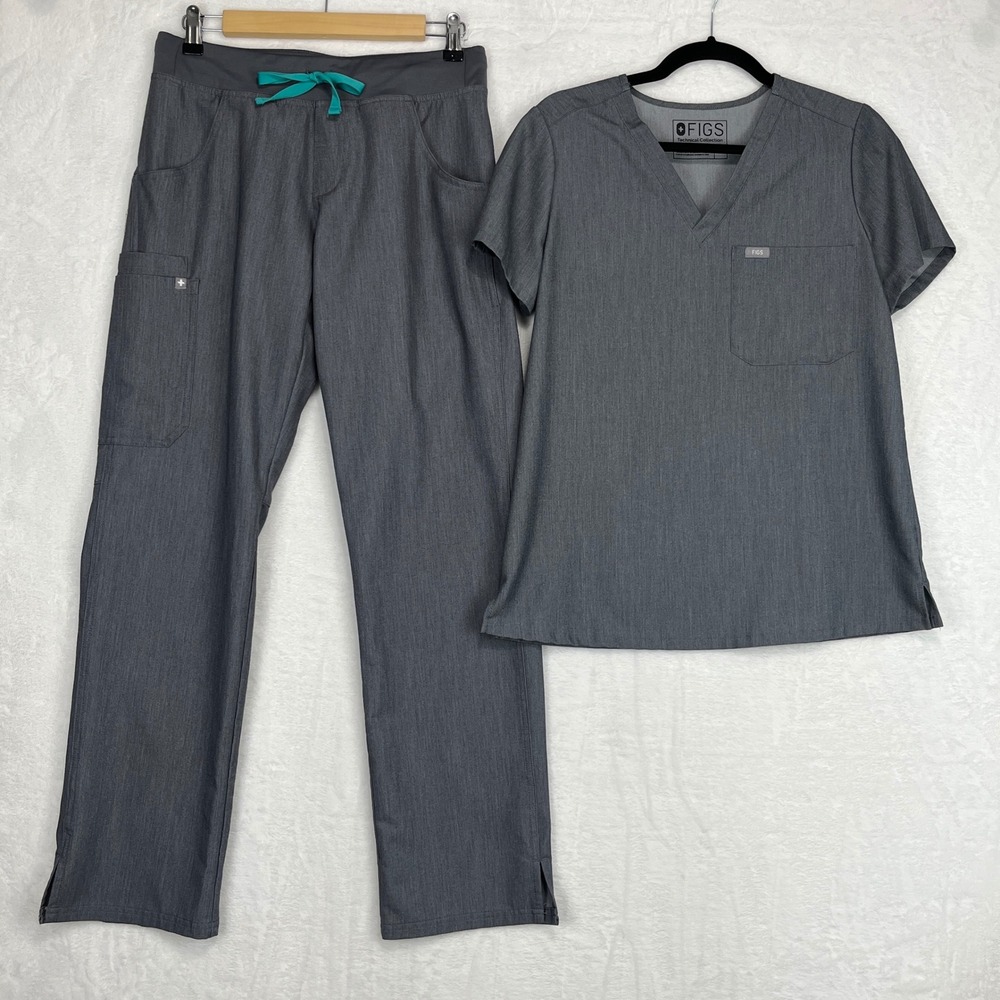 Figs Women's Gray Scrub Set with Teal Drawstring